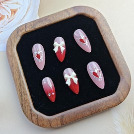 24Pcs Valentine's Press on Nails Medium Almond Nails Heart Fake Nails with Designs Bow Acrylic Nails Star Rhinestones Valentines Hearts False Nails Red Gradient French Stick on Nails for Women