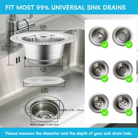 3 in 1 Kitchen Sink Drain Strainer, Upgraded Sink Stopper Kitchen Drain with Enlarged 304 Stainless Steel Anti-Clogging Food Catcher Basket Strainer Fit US Standard 3-1/2'' Kitchen Sink Drain Hole