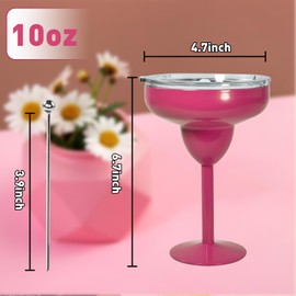 CHLJAR 2Pack Stainless Steel Margarita Glasses, Set of 2, 10oz Insulated Martini Glasses with Lid Unbreakable Cocktail Glasses Metal Wine Tumbler Mug, Stay Icy Cold, 2 Cocktail Picks, Dark Pink
