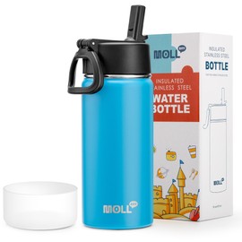 Mollcity Kids Water Bottle-16 oz Stainless Steel Double Wall Vacuum Insulated Wide Mouth Water Bottle with Straw-Metal Travel Water Flask for School Boy and Girl (Sky Blue)