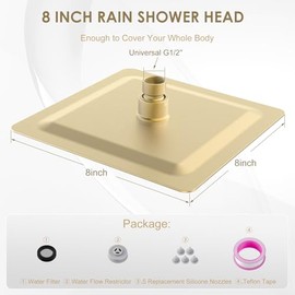 Cabezal de ducha de lluvia de 8 pulgadas, oro cepillado, acero inoxidable 304, diseño ultrafino, cabezal de ducha cuadrado de lluvia moderno, baño completo, cobertura de cuerpo completo