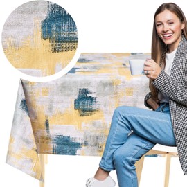 KP HOME Grey PVC Tablecloth Wipeable Table Cloth Wipe Clean with Navy Yellow Abstract Brushstroke - Square 55.1"x 55.1" - 140x140 cm Waterproof Plastic Table Cover with Cement Look Vinyl Oil cloth
