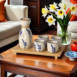 Mocerakai Ceramic Sake Set 5pcs Japanese Traditional Sake Set with 1 Sake Pot 4 Sake Cups Japanese Saki Cup Tokkuri Bottle Ochoko Carafe Soju Home Decoration Gift with Serving Bamboo Tray Dandelion