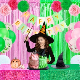 PHOGARY Pink and Green Party Decorations Holographic Tablecloth Glitter Laser Table Covers Streamers Backdrop Fringe Curtains for Girls Women Witch Princess Birthday Party Decor Cosplay