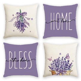 Spring Summe Purple Lavender Flowers Throw Pillow Covers 18x18, Sweet Home Floral Throw Pillow Covers, Decorative Garden Cushion Case for Sofa Couch Set of 4