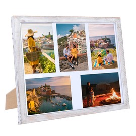 Fikomash Collage Picture Frames Wall Decor with 5 Openings 5x7 Rustic Photo Collage Frame Farmhouse Wood Grain Multi Picture Frame for Wall Mounting Tabletop Display White