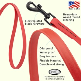 Dogline Biothane Waterproof Dog Leash 2/4/6 Ft Strong Coated Nylon Webbing with Black Hardware Odor-Proof Easy to Clean High Performance for Small or Large Dogs Made in USA, Cherry Red
