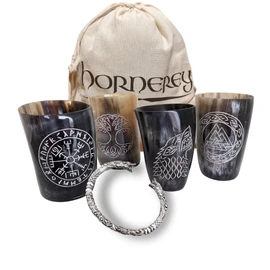Hornerey Viking Horn Cup Set, Drinking Horn Set, Buffalo Horn, 200 ml, 4 Drinking Horn Cups + Bangle + Bag, 6-Piece Set