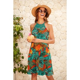 Bluetime Floral Boho Midi Dress Casual Flowy Sleeveless Sundresses for Women with Pockets(Coconut Leaves,XL)