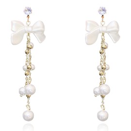 CWVHQ Bow Pearl Tassel Earrings Bohemian Bow Tie Dangle Earrings Dangle Pearl Rhinestone Drop Earrings for Women (white)