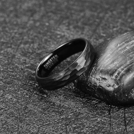 Vakki Hammered Ring Black Tungsten Rings Men's Ring Tungsten Carbide Black Ring Brushed Black 4/6/8 mm Size 49 to 70 (15.6-22.3), No Gemstone
