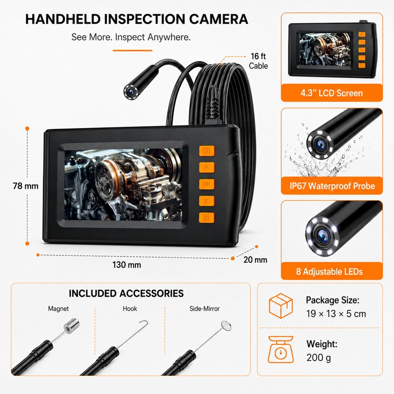 Industrial Endoscope Camera for Inspection – 4.3" LCD Borescope with