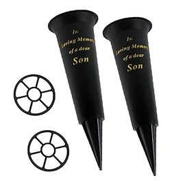 Set of 2 Black In Loving Memory Son Spiked Memorial Grave Flower Vases Graveside Memorial with flower holder inserts