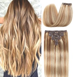 Clip in Hair Extensions Real Human Hair 8 Pieces Straight Real Remy Human Hair Full Head Human Hair Extensions Clip in Double Weft Real Remy Hair (18 Inch, 12/613 Golden Brown Mix Bleach Blonde)