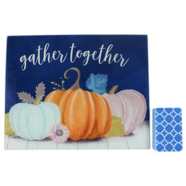 Decorative Fall Glass Kitchen Cutting Board: Colorful Gather Blue Orange Pink Pumpkin Gourd Design
