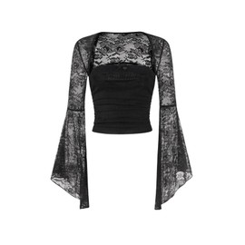 Verdusa Women's Y2K Bell Sleeve Square Neck Ruched Blouse Goth Lace Tops Black Large