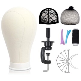 23 Inch Canvas Block Head Mannequin Wig Head With Stand for Styling Manikin Head Set Display Mannequin Head with Mount Holes(Creamy-White)