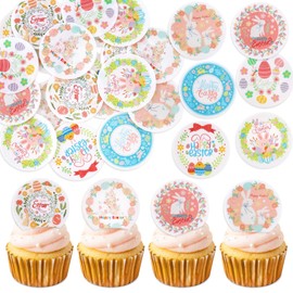 56 Pcs Easter Edible Cupcake Toppers with Bunny Egg Decorations for Birthday, Rabbit Theme Party and Baby Shower Party (Easter Bunny Round)