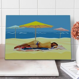 Lunarable Beach Cutting Board, Illustration of a Woman in Bikini Lying on the Beach with Umbrellas Print, Decorative Tempered Glass Cutting and Serving Board, Large Size, Pale Yellow and Blue