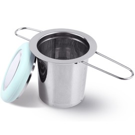 Infusor de té de acero inoxidable con mango plegable, filtro de té extrafino de malla con tapa para té de hojas sueltas (azul claro)