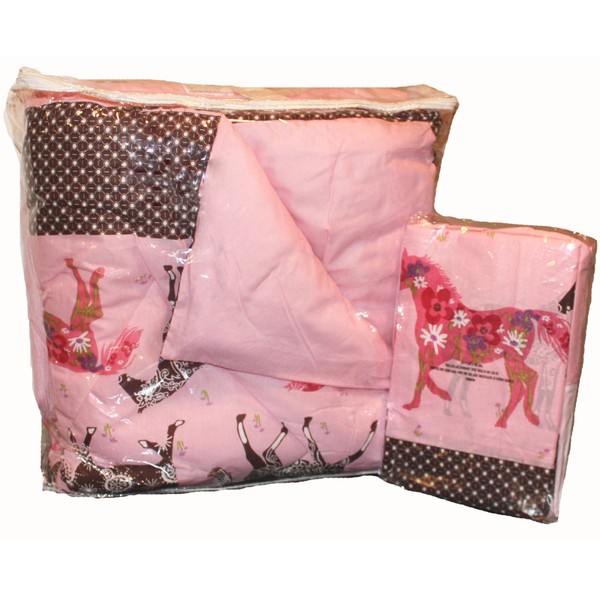 Western Horse 4 Pieces Twin Size Girls Flower Mustang Pony Pink Comforter Set & Valance(20" Long X 84" Wide) (1, Twin Size)