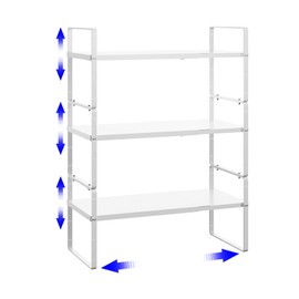 KIKIBRO Expandable Cabinet Shelf Organizer, Stackable Kitchen Pantry Counter Storage, Adjustable Closet Cupboard Stand Rack Risers Spice Organization 80LBS Heavy Duty White 3 Pack