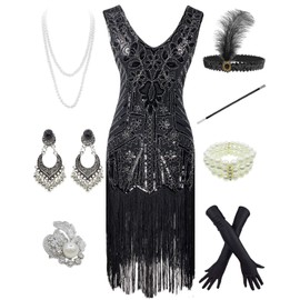 Ponce Fashion Women 1920s Short Prom Dresses V Neck Sequins Cocktail Flapper Plus Dress 20s Accessories Set (L, Style 2 Black Silver)