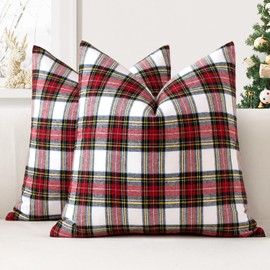 JOTOM Set of 2 Christmas Scottish Check Cushion Covers, Decorative Plaid Tartan Throw Cushion Cover, Sofa Cushion, Decorative Cushion Cover for Living Room, Bedroom, Decoration (60 x 60 cm, White)