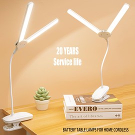 GcSige Dual Head LED Desk Lamp with Clamp, Eye-Caring Clip on Lights for Home Office, 4000mAh Rechargeable Battery Operated Table Lamps,3 Lighting Modes & Brightness Dimmer Light for Kids Students