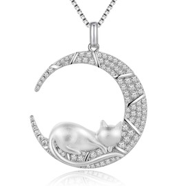 Jiahanzb 18 Carat Plated Chain Women's 925 Sterling Silver Cat Pendant Necklace for Women Jewellery for Her Wife Mum, Sterling Silver, Cubic Zirconia