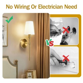 Battery Operated Wall Sconce Set of 2, White Fabric Shade Rechargeable Wall Lights with 2 * 4000mAh Magnetic Battery Bulbs, 3CCT Selectable, Dimmable Wireless Sconces for Bedroom Living Room Hallway