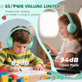 Kids Headphones with Cord, 85/94dB Volume Limit, Wired Over Ear Headphones for Toddler Boys Girls with Microphone, Long No-Tangle Cord, Stereo Sound 3.5mm Plug for Kindle Tablet School, Green