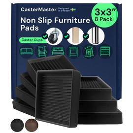 CasterMaster Non-Slip Furniture Pads Square Rubber Anti-Skid Caster Cups, Anti-Sliding Floor Protectors for Furniture (Black, 3'' x 3'' (Pack of 8))
