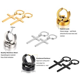 VPACC Cross Earrings for Men Women Dangle Hoop Dangling Hanging Dangly Drop Crosses Earingings Steel Stainless Gold Black Silver 6 Pairs Sets