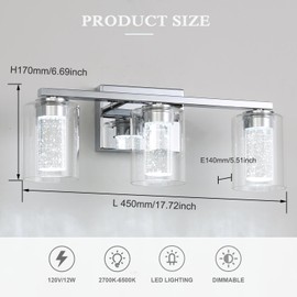 EMONG 3-Light Chrome Bathroom Light Fixtures,Dimmable 5CCT LED Vanity Lights with Clear Glass,2700K-6500K Adjustable Crystal Bubble Bathroom Lights Over Mirror for Hallway,Living Room