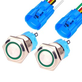Gebildet 2 Pieces 16 mm Stainless Steel Short-Term Push Buttons 12V-24V 5A LED 1NO1NC SPDT ON Off Waterproof with Socket Plug (Green LED)