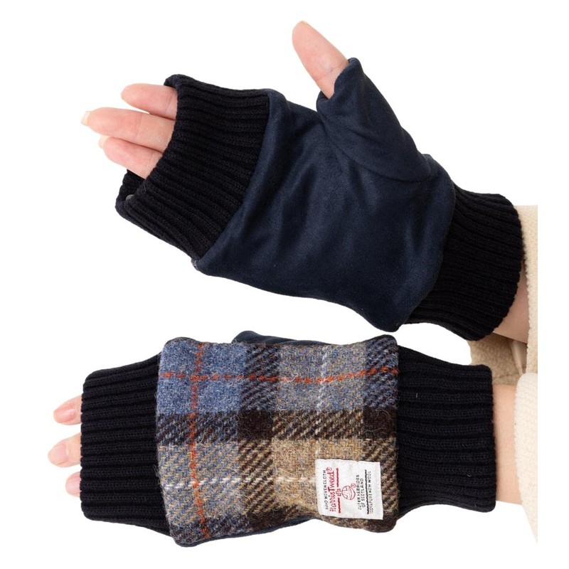 Sleeping Sheep Harris Tweed Mitaine Fingerless Gloves, Boa Back, Herringbone,