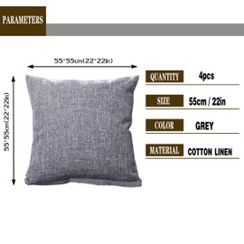 Tennove Throw Pillow Cases 22" x 22" Vintage Style Cotton Linen Pillow Covers Set of 4 Square Decorative Pillow Protectors Shell Cushion Covers for Sofa, Couch, Bed, Bench (Grey)