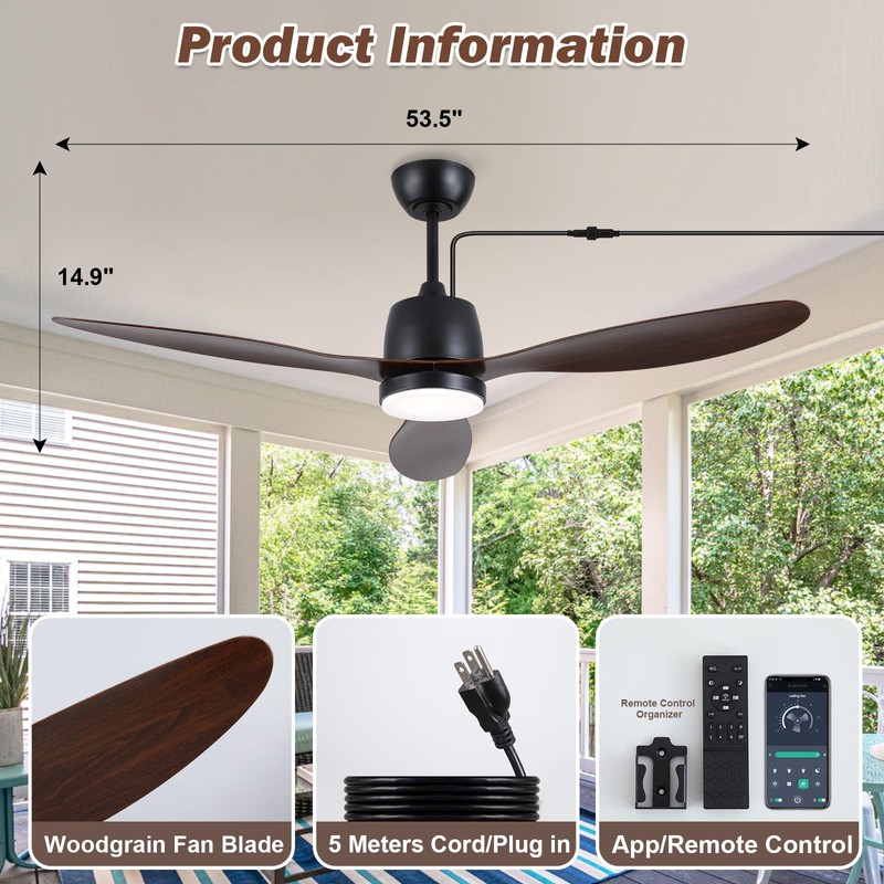 Kinyaras 52" Outdoor Ceiling-Fan with Light: Plug-in Waterproof Hanging Fans,