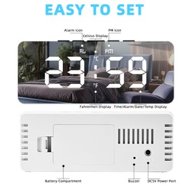 Bedroom Alarm Clock, LED Mirror Digital Clock, Timer Setting Dimmer, 12/24 Hour, Simple Modern Decorative Electronic Clock for Bedroom, Office, Living Room (White)