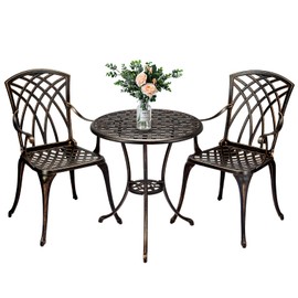 IDEALHOUSE Cast Aluminum Patio Bistro Set with Umbrella Hole, 3 Piece Outdoor Bistro Set Rust-Resistant, Patio Table and Chairs, Outdoor/Indoor Use, for Garden,Backyard, Patio Balcony, Bronze