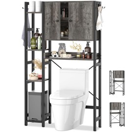 Over The Toilet Storage Cabinet with Doors - 7 Tier Bathroom Organizer with Adjustable Shelf, Freestanding Space Saver Rack Above Toilet Stand with 4 Hooks for Bathroom, Restroom, Laundry, Grey Oak