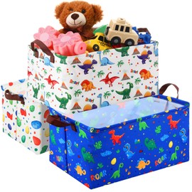 Yoojahow 3-Pack Dinosaur Storage Baskets Waterproof Canvas Bins with Leather Handles Easter Dinosaur Party Storage Basket Collapsible Organizer for Toys Clothes Room Party Decor