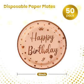 DHAIQC Pack of 50 Birthday Paper Plates 23 cm, Paper Plates Pink Gold Party Plates Disposable Plates Pink with Gold Gold Rim Paper Plates Birthday Party Tableware (Birthday Pink, 23 cm)