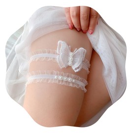 JWICOS Butterfly Wedding Garters White Bride Lace Garter Stretch Leg Garter Set Pearl Bridal Accessory for Women and Girls (Type 1)