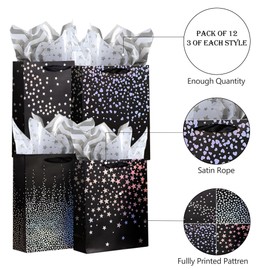 SHIPKEY 12 Pack Black Gift Bags, 18x10x23 cm Small Black Gift Bags Assortment, Gift Bags for Favors, Gift Bags with Handles, Jewelry Gift Bags, Party Bags