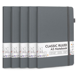 feela 5 Pack Journal Notebook Bulk for School, Hardcover Business Notebooks Classic Ruled Lined Journals with Pen Holder for Work Note Taking, with 5 Black Pens, 120 GSM, 5.1”x8.3”, A5, Gray