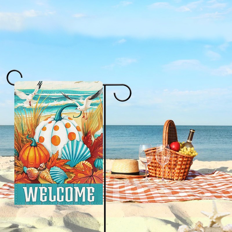 Dyrenson Welcome Fall Pumpkin Beach Decorative Garden Flag, Coastal Autumn