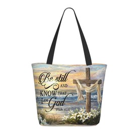 Bible Tote Bag, Inspirational Scripture Christian Bible Verse Religious Lily Print Large Capacity Reusable Church Bags for Women with Zipper