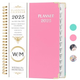 OWill 2025 Diary, 2025 Diary A5 Week to View, Diary 2025 from January to December, Monthly and Weekly Planner with Tabs, Inner Pocket Notes Page and Contacts Page, A5 Size (Pink)